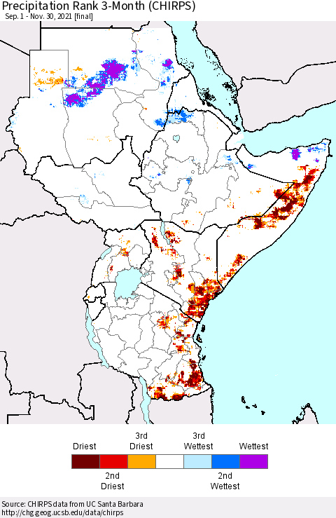 Eastern Africa Precipitation Rank 3-Month (CHIRPS) Thematic Map For 9/1/2021 - 11/30/2021