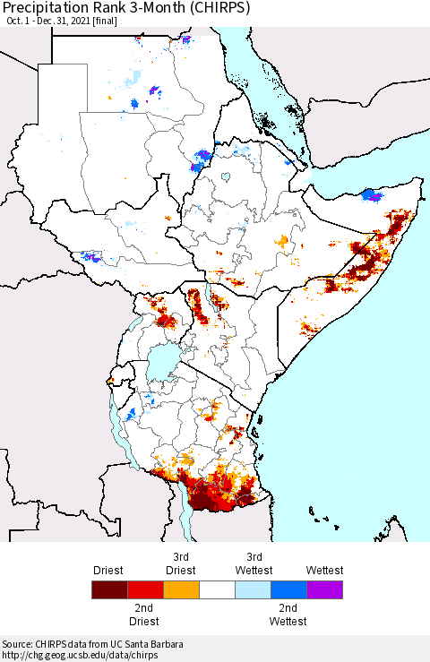 Eastern Africa Precipitation Rank since 1981, 3-Month (CHIRPS) Thematic Map For 10/1/2021 - 12/31/2021