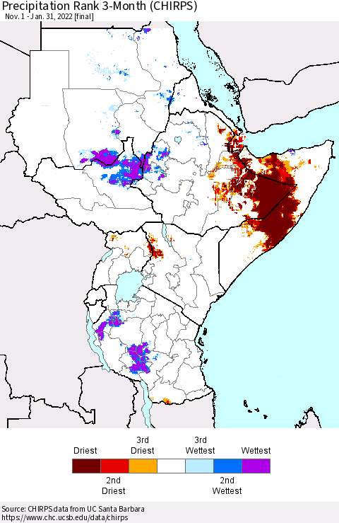Eastern Africa Precipitation Rank 3-Month (CHIRPS) Thematic Map For 11/1/2021 - 1/31/2022