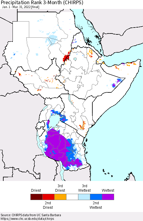 Eastern Africa Precipitation Rank since 1981, 3-Month (CHIRPS) Thematic Map For 1/1/2022 - 3/31/2022