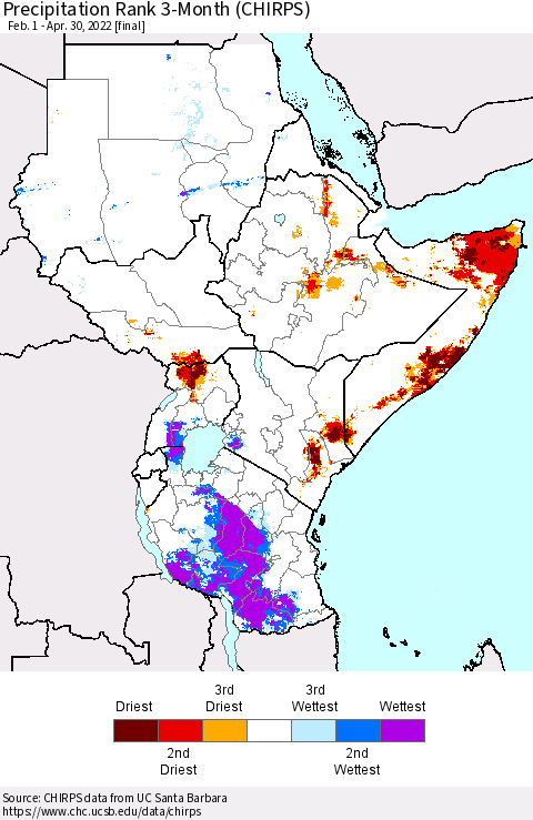 Eastern Africa Precipitation Rank since 1981, 3-Month (CHIRPS) Thematic Map For 2/1/2022 - 4/30/2022
