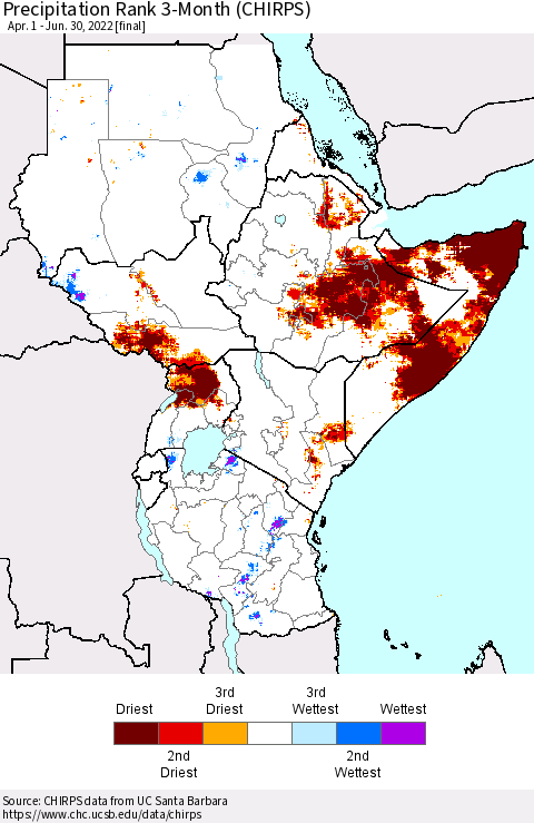 Eastern Africa Precipitation Rank 3-Month (CHIRPS) Thematic Map For 4/1/2022 - 6/30/2022