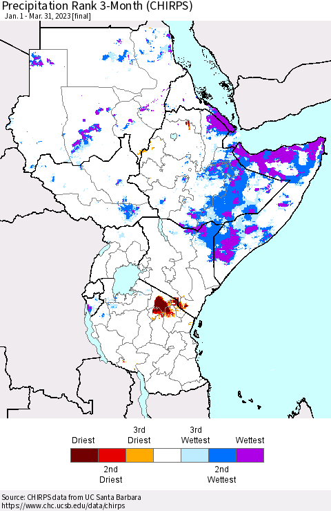 Eastern Africa Precipitation Rank since 1981, 3-Month (CHIRPS) Thematic Map For 1/1/2023 - 3/31/2023