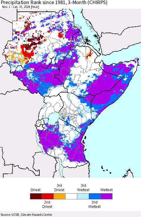 Eastern Africa Precipitation Rank since 1981, 3-Month (CHIRPS) Thematic Map For 11/1/2023 - 1/31/2024