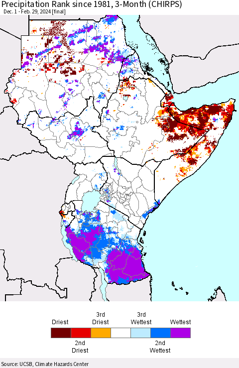 Eastern Africa Precipitation Rank since 1981, 3-Month (CHIRPS) Thematic Map For 12/1/2023 - 2/29/2024