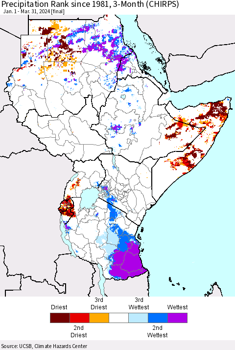 Eastern Africa Precipitation Rank since 1981, 3-Month (CHIRPS) Thematic Map For 1/1/2024 - 3/31/2024