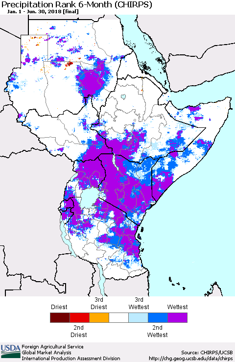 Eastern Africa Precipitation Rank since 1981, 6-Month (CHIRPS) Thematic Map For 1/1/2018 - 6/30/2018