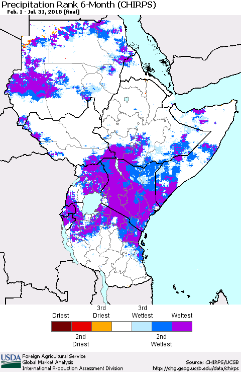 Eastern Africa Precipitation Rank since 1981, 6-Month (CHIRPS) Thematic Map For 2/1/2018 - 7/31/2018