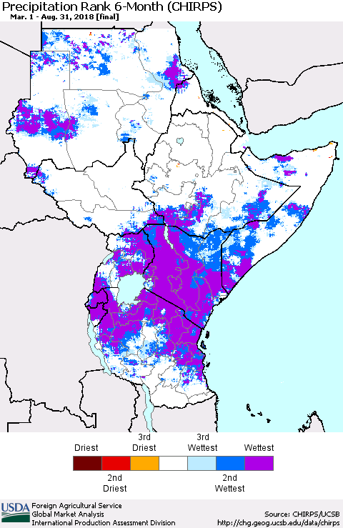 Eastern Africa Precipitation Rank since 1981, 6-Month (CHIRPS) Thematic Map For 3/1/2018 - 8/31/2018