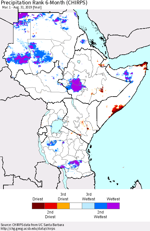 Eastern Africa Precipitation Rank since 1981, 6-Month (CHIRPS) Thematic Map For 3/1/2019 - 8/31/2019