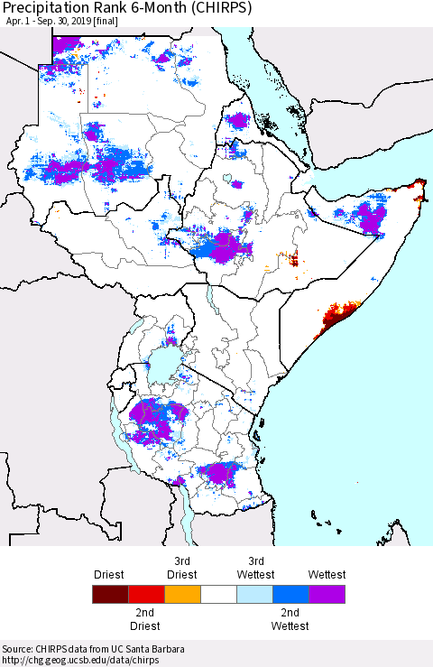 Eastern Africa Precipitation Rank since 1981, 6-Month (CHIRPS) Thematic Map For 4/1/2019 - 9/30/2019