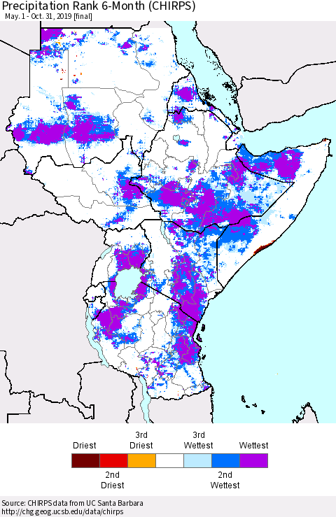 Eastern Africa Precipitation Rank since 1981, 6-Month (CHIRPS) Thematic Map For 5/1/2019 - 10/31/2019