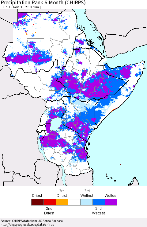 Eastern Africa Precipitation Rank since 1981, 6-Month (CHIRPS) Thematic Map For 6/1/2019 - 11/30/2019