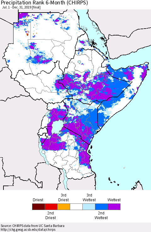 Eastern Africa Precipitation Rank since 1981, 6-Month (CHIRPS) Thematic Map For 7/1/2019 - 12/31/2019