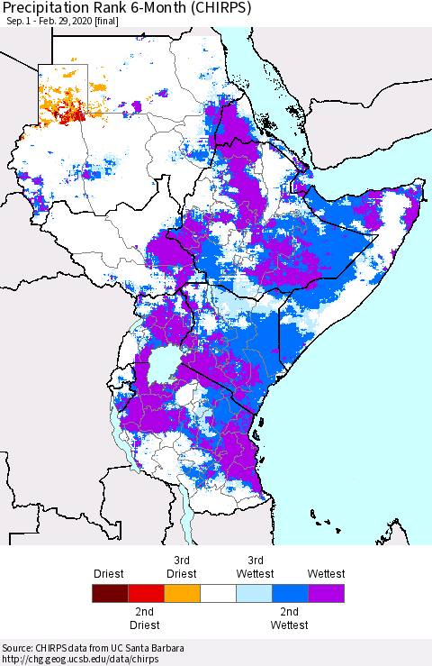 Eastern Africa Precipitation Rank since 1981, 6-Month (CHIRPS) Thematic Map For 9/1/2019 - 2/29/2020