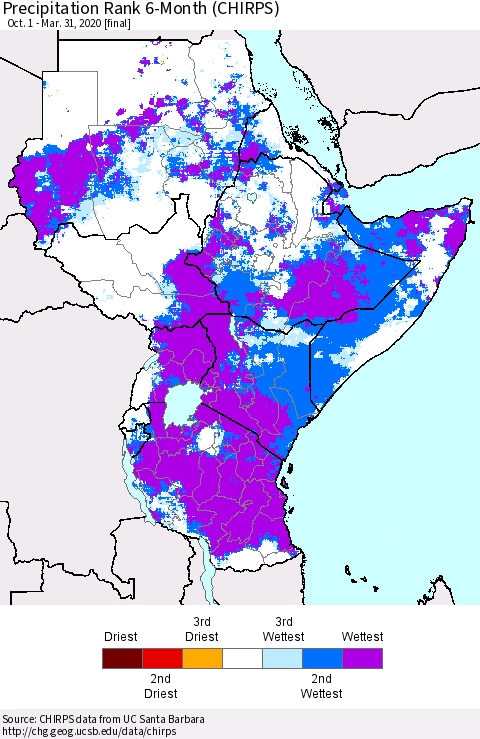 Eastern Africa Precipitation Rank 6-Month (CHIRPS) Thematic Map For 10/1/2019 - 3/31/2020