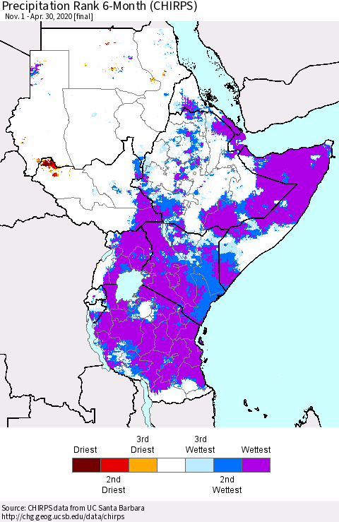 Eastern Africa Precipitation Rank 6-Month (CHIRPS) Thematic Map For 11/1/2019 - 4/30/2020