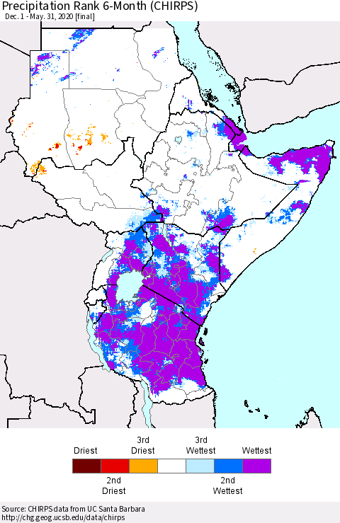 Eastern Africa Precipitation Rank 6-Month (CHIRPS) Thematic Map For 12/1/2019 - 5/31/2020