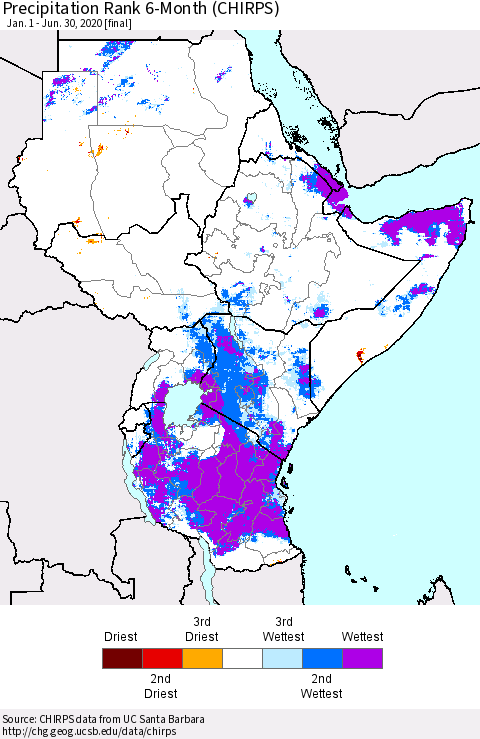 Eastern Africa Precipitation Rank since 1981, 6-Month (CHIRPS) Thematic Map For 1/1/2020 - 6/30/2020