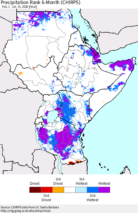 Eastern Africa Precipitation Rank 6-Month (CHIRPS) Thematic Map For 2/1/2020 - 7/31/2020