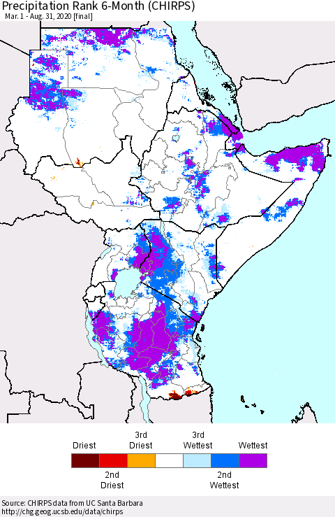 Eastern Africa Precipitation Rank 6-Month (CHIRPS) Thematic Map For 3/1/2020 - 8/31/2020