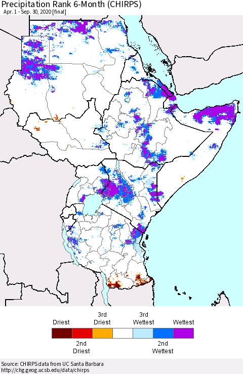 Eastern Africa Precipitation Rank 6-Month (CHIRPS) Thematic Map For 4/1/2020 - 9/30/2020