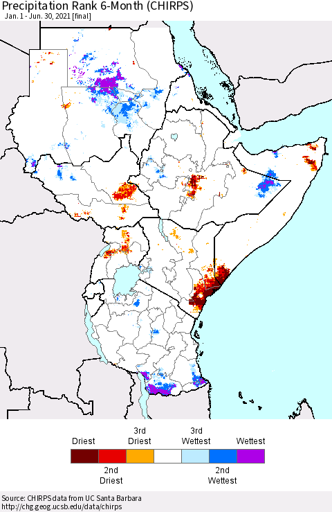 Eastern Africa Precipitation Rank 6-Month (CHIRPS) Thematic Map For 1/1/2021 - 6/30/2021