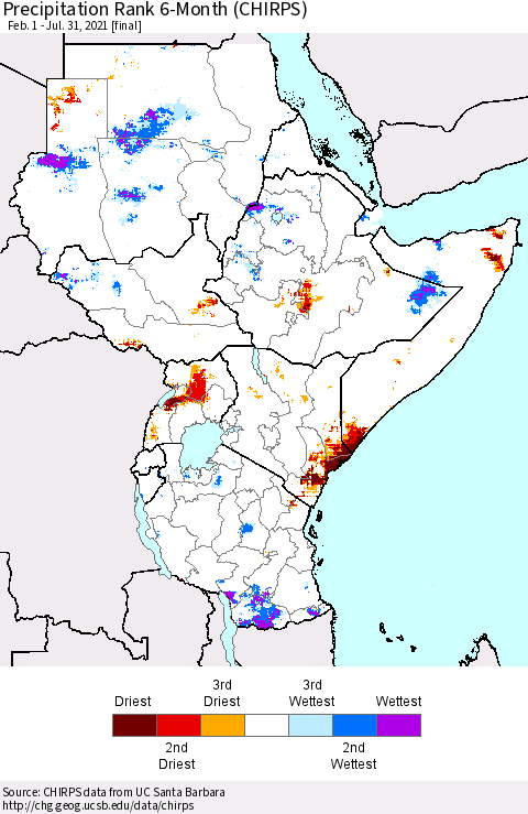 Eastern Africa Precipitation Rank 6-Month (CHIRPS) Thematic Map For 2/1/2021 - 7/31/2021