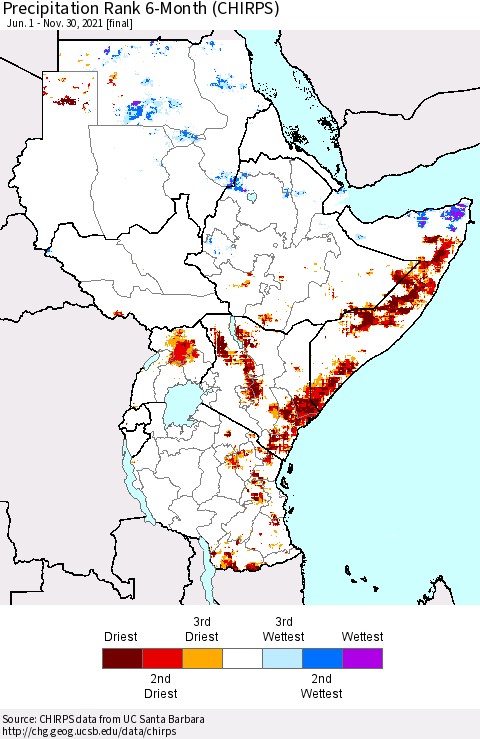 Eastern Africa Precipitation Rank 6-Month (CHIRPS) Thematic Map For 6/1/2021 - 11/30/2021