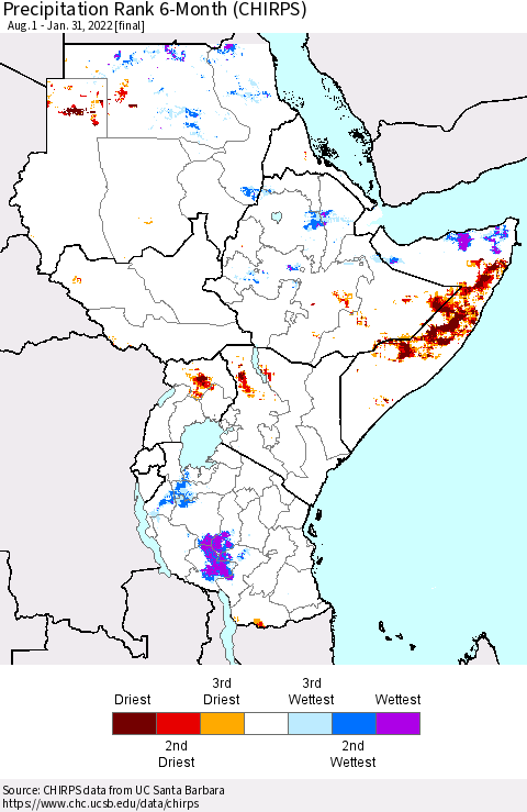 Eastern Africa Precipitation Rank 6-Month (CHIRPS) Thematic Map For 8/1/2021 - 1/31/2022