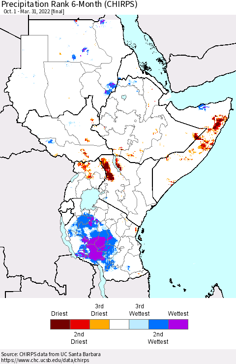 Eastern Africa Precipitation Rank 6-Month (CHIRPS) Thematic Map For 10/1/2021 - 3/31/2022