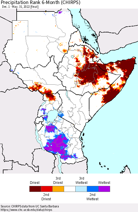 Eastern Africa Precipitation Rank 6-Month (CHIRPS) Thematic Map For 12/1/2021 - 5/31/2022