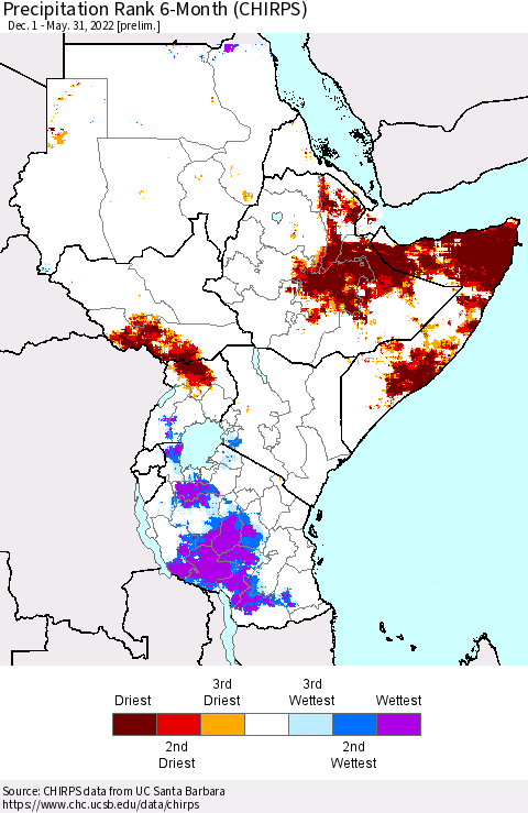 Eastern Africa Precipitation Rank 6-Month (CHIRPS) Thematic Map For 12/1/2021 - 5/31/2022