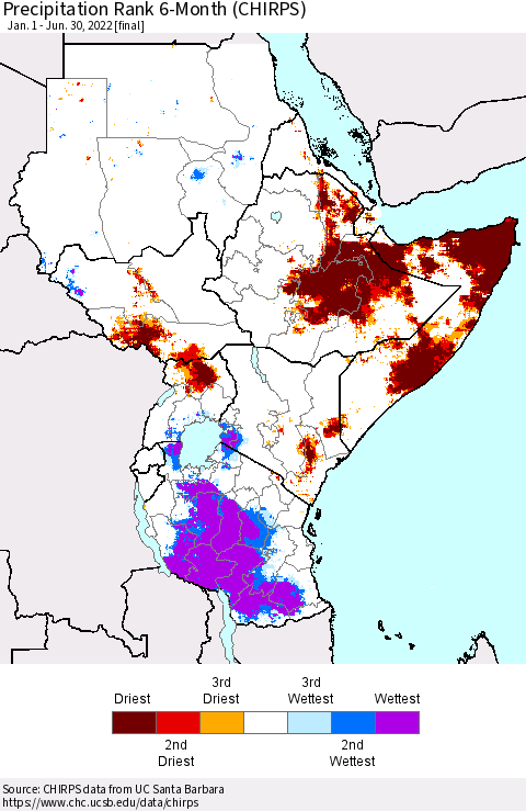 Eastern Africa Precipitation Rank since 1981, 6-Month (CHIRPS) Thematic Map For 1/1/2022 - 6/30/2022