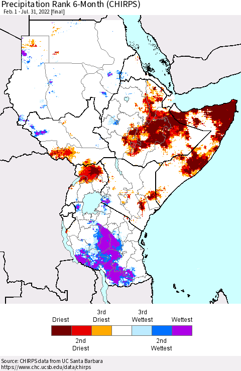Eastern Africa Precipitation Rank since 1981, 6-Month (CHIRPS) Thematic Map For 2/1/2022 - 7/31/2022