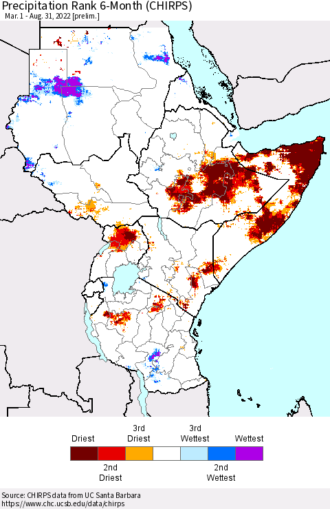 Eastern Africa Precipitation Rank since 1981, 6-Month (CHIRPS) Thematic Map For 3/1/2022 - 8/31/2022