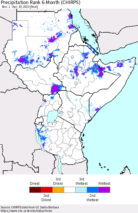 Eastern Africa Precipitation Rank since 1981, 6-Month (CHIRPS) Thematic Map For 11/1/2022 - 4/30/2023