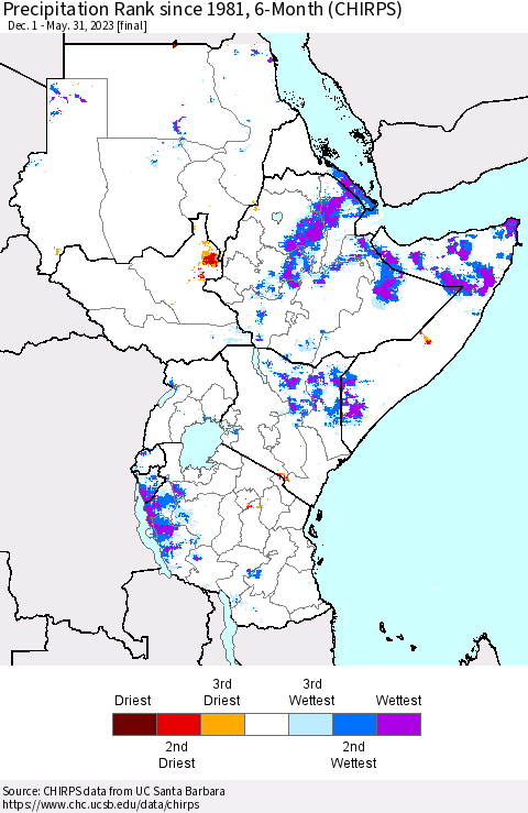 Eastern Africa Precipitation Rank since 1981, 6-Month (CHIRPS) Thematic Map For 12/1/2022 - 5/31/2023
