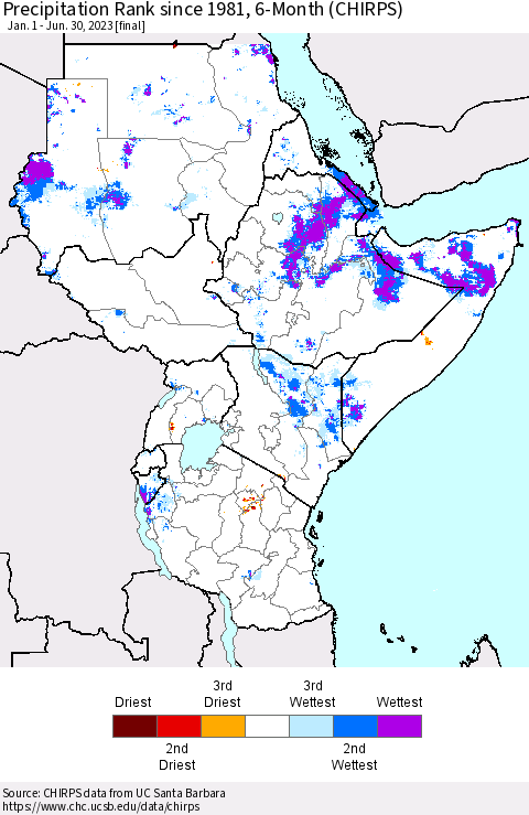 Eastern Africa Precipitation Rank since 1981, 6-Month (CHIRPS) Thematic Map For 1/1/2023 - 6/30/2023