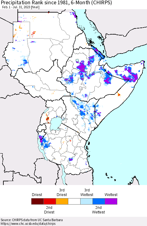 Eastern Africa Precipitation Rank since 1981, 6-Month (CHIRPS) Thematic Map For 2/1/2023 - 7/31/2023