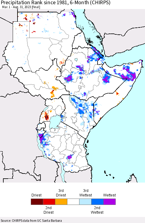Eastern Africa Precipitation Rank since 1981, 6-Month (CHIRPS) Thematic Map For 3/1/2023 - 8/31/2023
