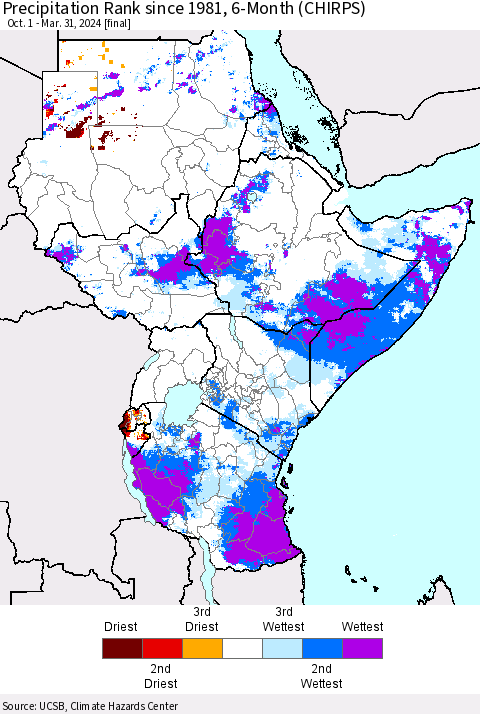 Eastern Africa Precipitation Rank since 1981, 6-Month (CHIRPS) Thematic Map For 10/1/2023 - 3/31/2024