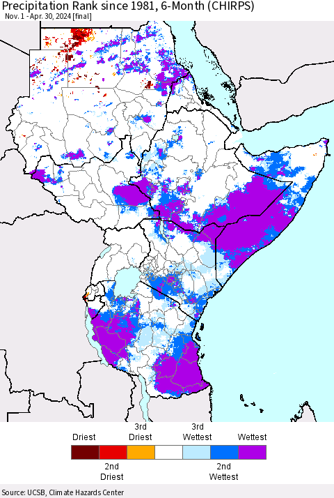 Eastern Africa Precipitation Rank since 1981, 6-Month (CHIRPS) Thematic Map For 11/1/2023 - 4/30/2024