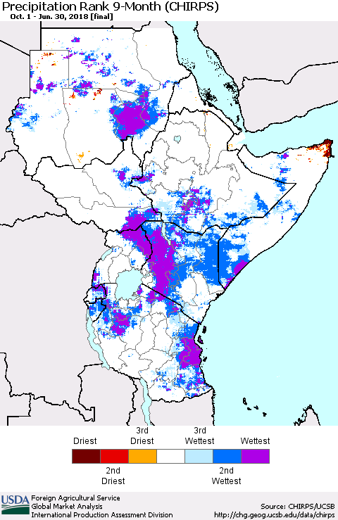 Eastern Africa Precipitation Rank since 1981, 9-Month (CHIRPS) Thematic Map For 10/1/2017 - 6/30/2018