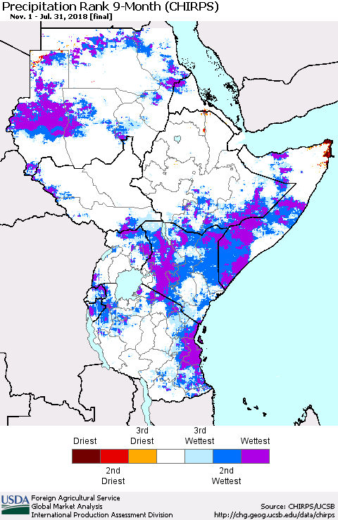Eastern Africa Precipitation Rank since 1981, 9-Month (CHIRPS) Thematic Map For 11/1/2017 - 7/31/2018