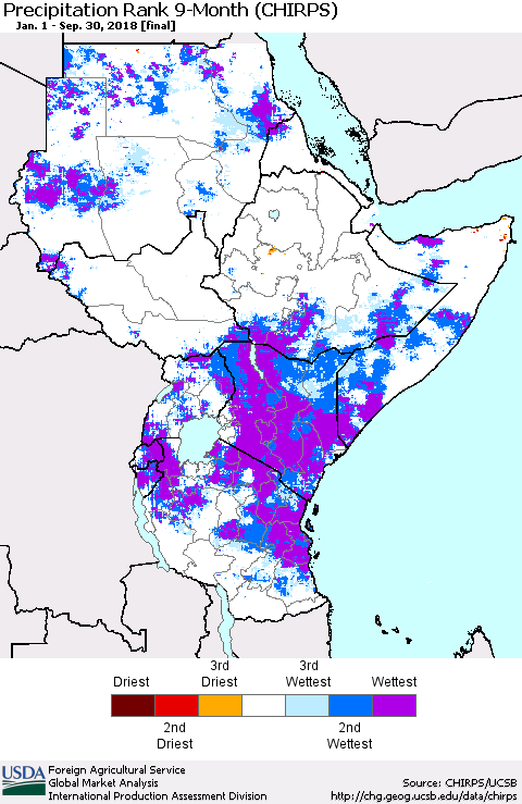 Eastern Africa Precipitation Rank since 1981, 9-Month (CHIRPS) Thematic Map For 1/1/2018 - 9/30/2018
