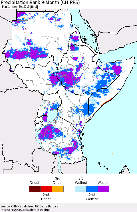 Eastern Africa Precipitation Rank since 1981, 9-Month (CHIRPS) Thematic Map For 3/1/2019 - 11/30/2019