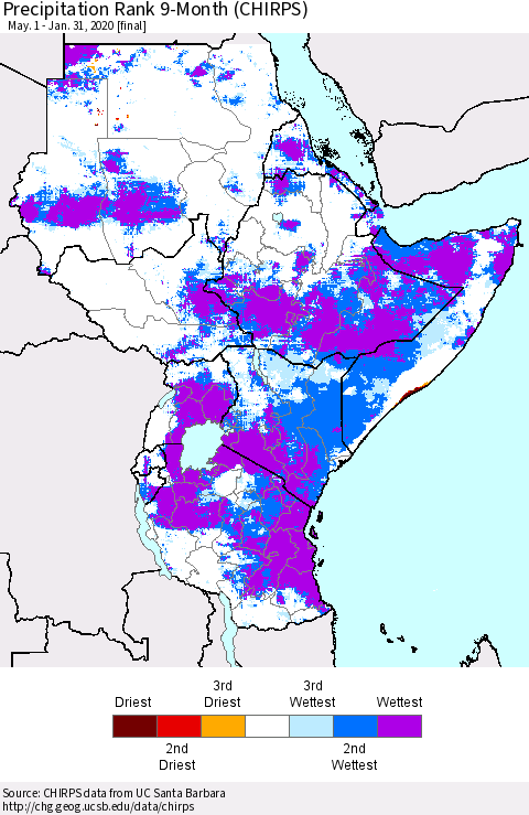 Eastern Africa Precipitation Rank since 1981, 9-Month (CHIRPS) Thematic Map For 5/1/2019 - 1/31/2020