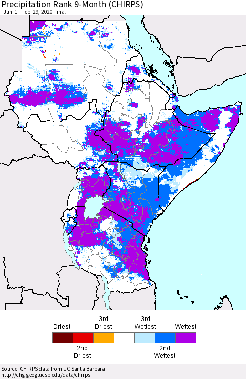 Eastern Africa Precipitation Rank since 1981, 9-Month (CHIRPS) Thematic Map For 6/1/2019 - 2/29/2020