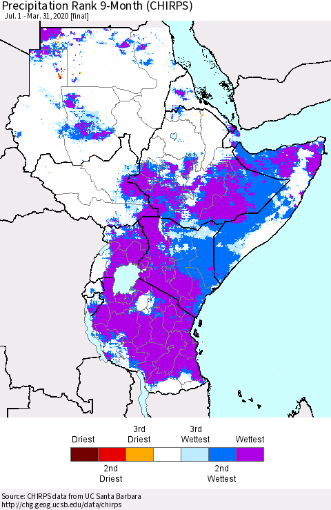 Eastern Africa Precipitation Rank since 1981, 9-Month (CHIRPS) Thematic Map For 7/1/2019 - 3/31/2020